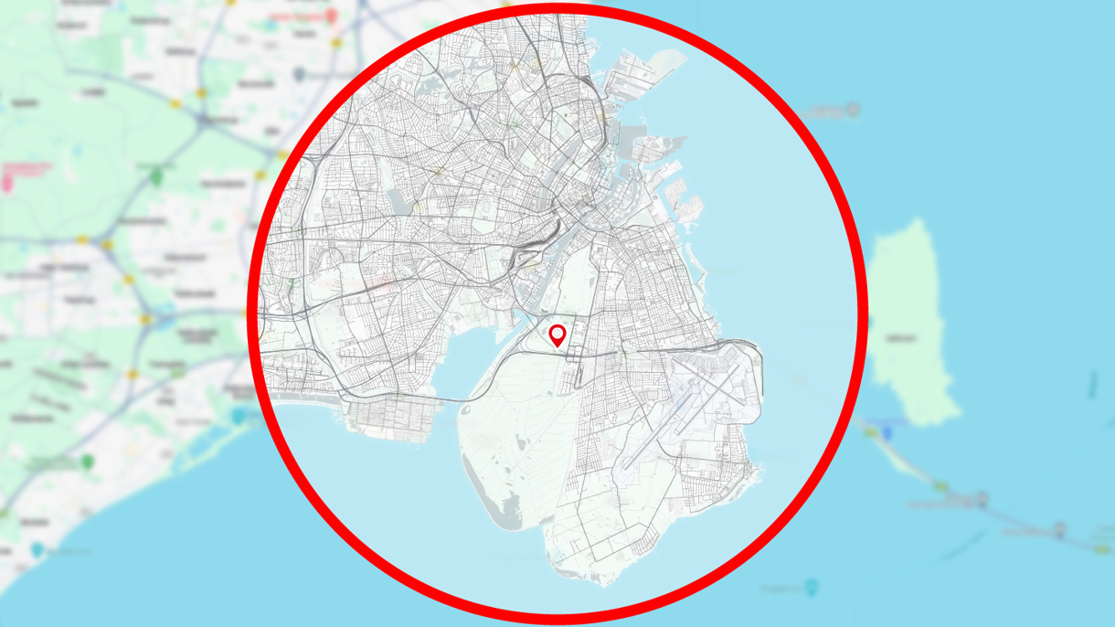 Kort over København med radius på 15 km fra Fields
