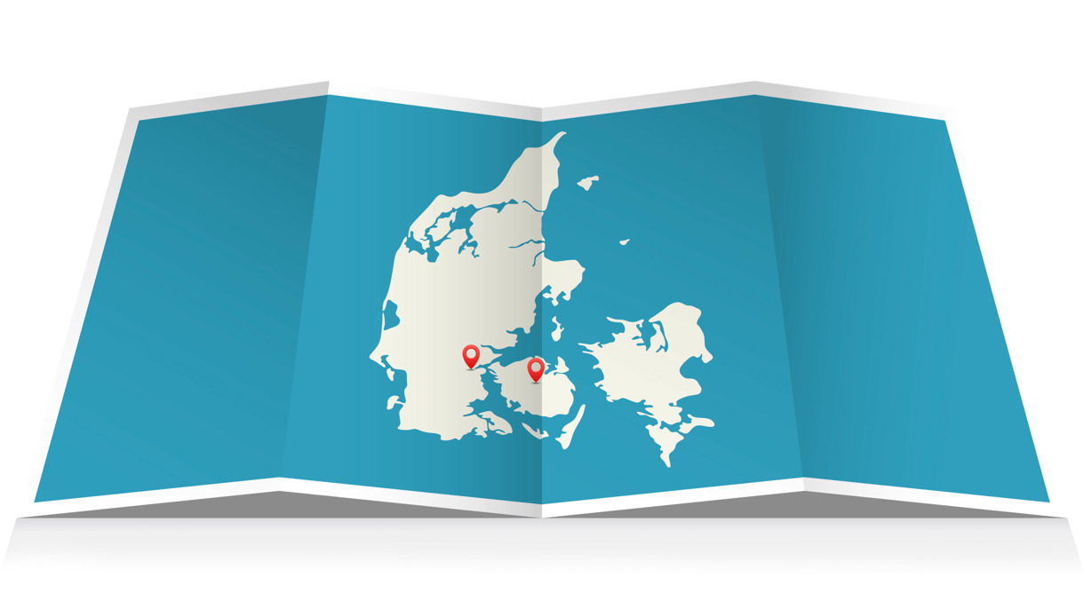 Danmarkskort med BYD lokationer i Kolding og Odense